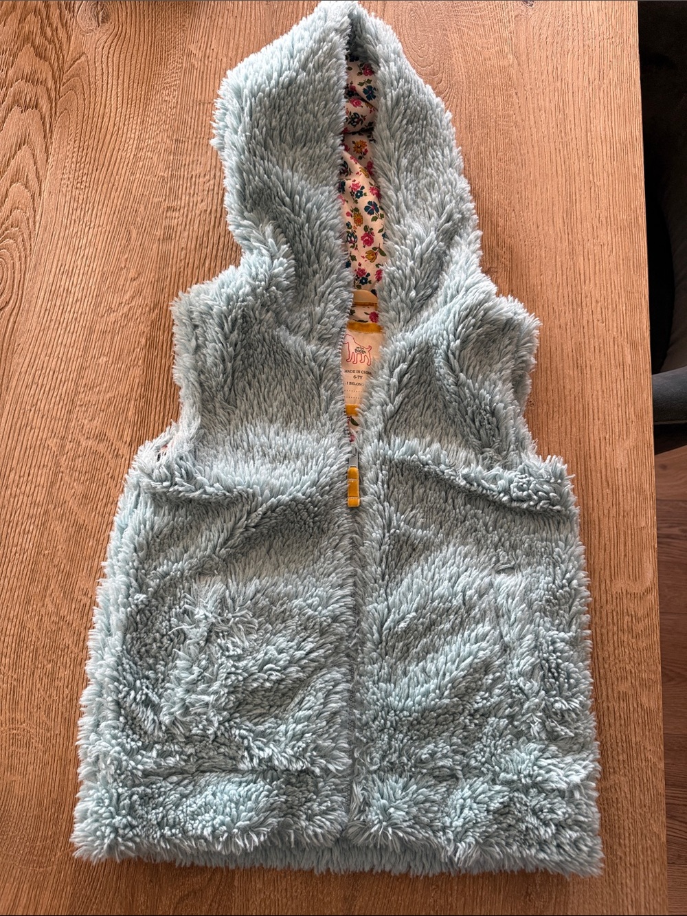 Mini Boden Girl’s Light Blue Fuzzy Hooded Vest with Floral Lining